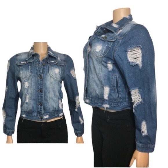 Between Us Denim Trucker Jacket factory Ripped and Distressed size S - Picture 4 of 16
